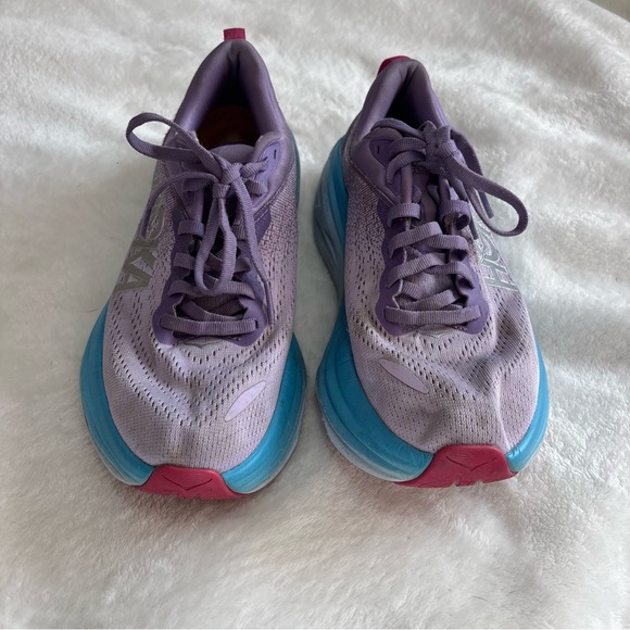 Hoka Bondi 8 Lavender and Sky Blue Athletic Shoes - Picture 4 of 6